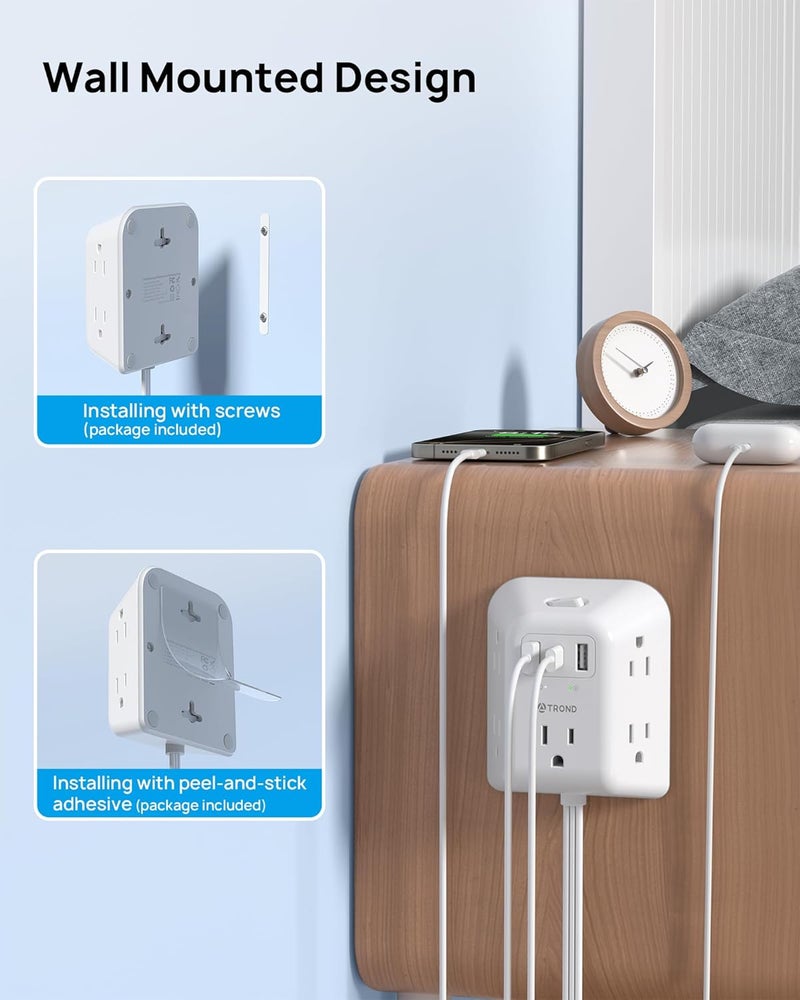 TROND Outlet Extender with 360° Rotating Plug, 5AC Electrical Multi Plug Outlet-18in Short Extension Cord, 2 USB-A Ports & 1 USB-C Port, Use Behind Couches, Nightstands, Desks, White - Image 5